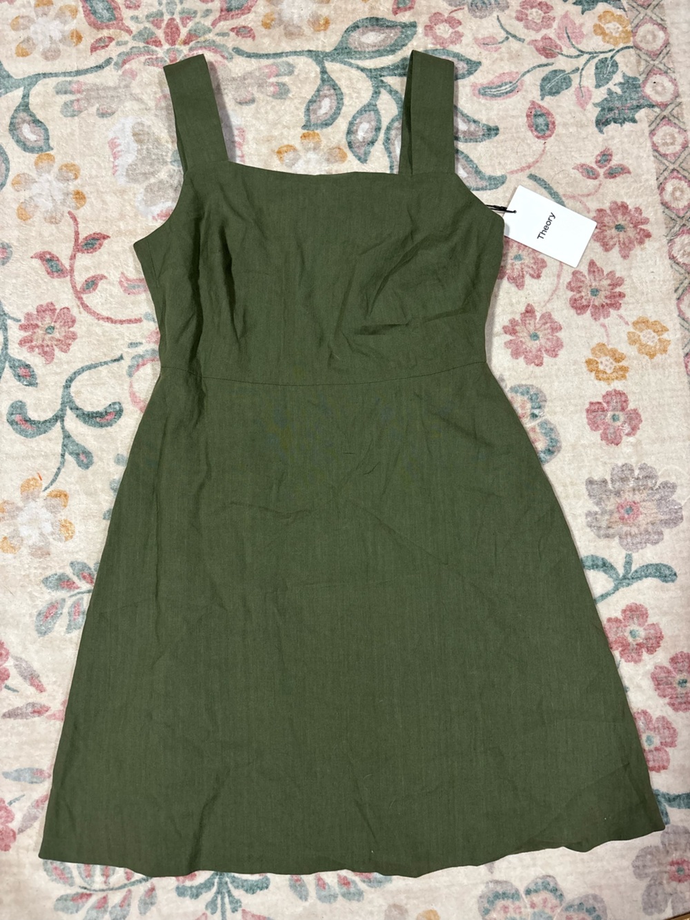 Theory Olive Linen-Blend Square Neck Midi Dress